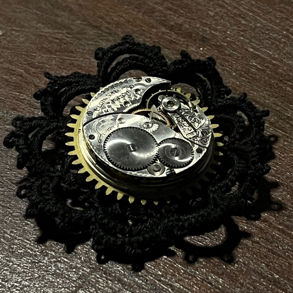 Steampunk antique pocket watch movement brooch sapphire etched design black lace